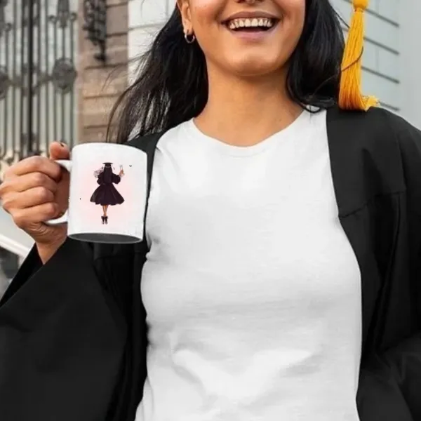 Personalized Cartoon Back Image Girl Coffee Cup Ceramic Mug with Text “I‘m Done” Graduation Souvenir Birthday Gift for Women