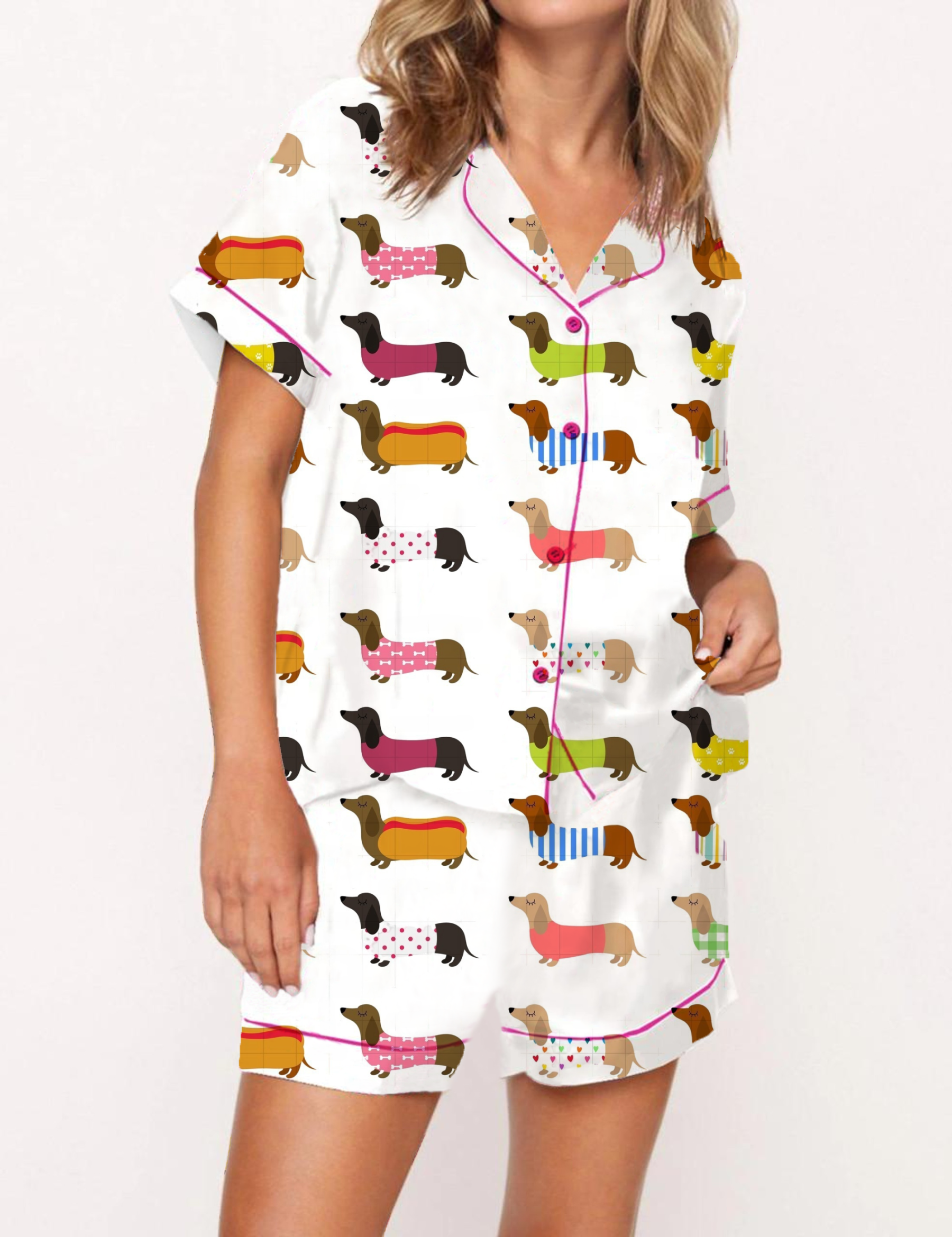 Playful Colorful Cartoon Dachshund Pattern Satin Pajama Short Set