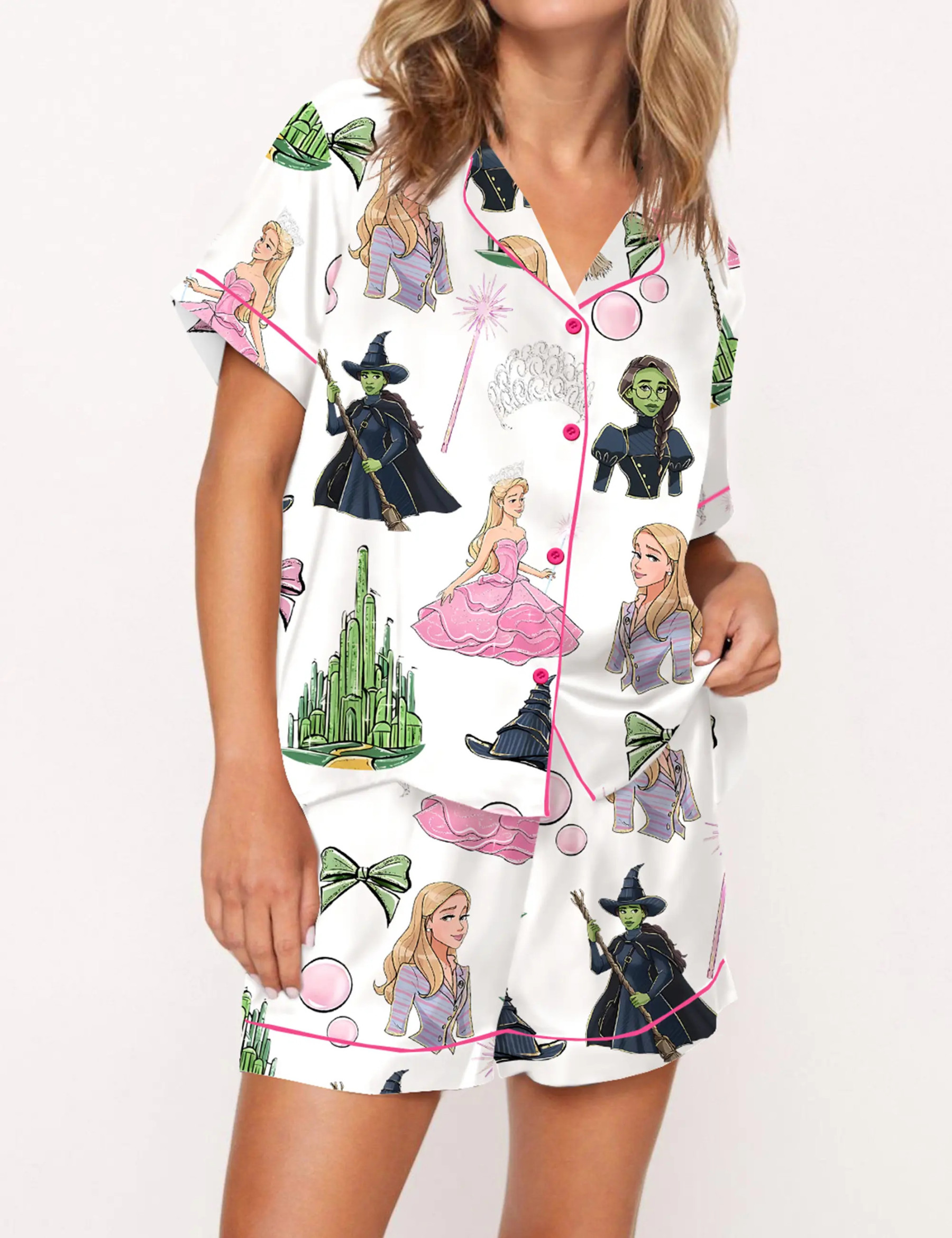 Elphaba And Glinda Glitter Silky Satin Pajama Set For Women