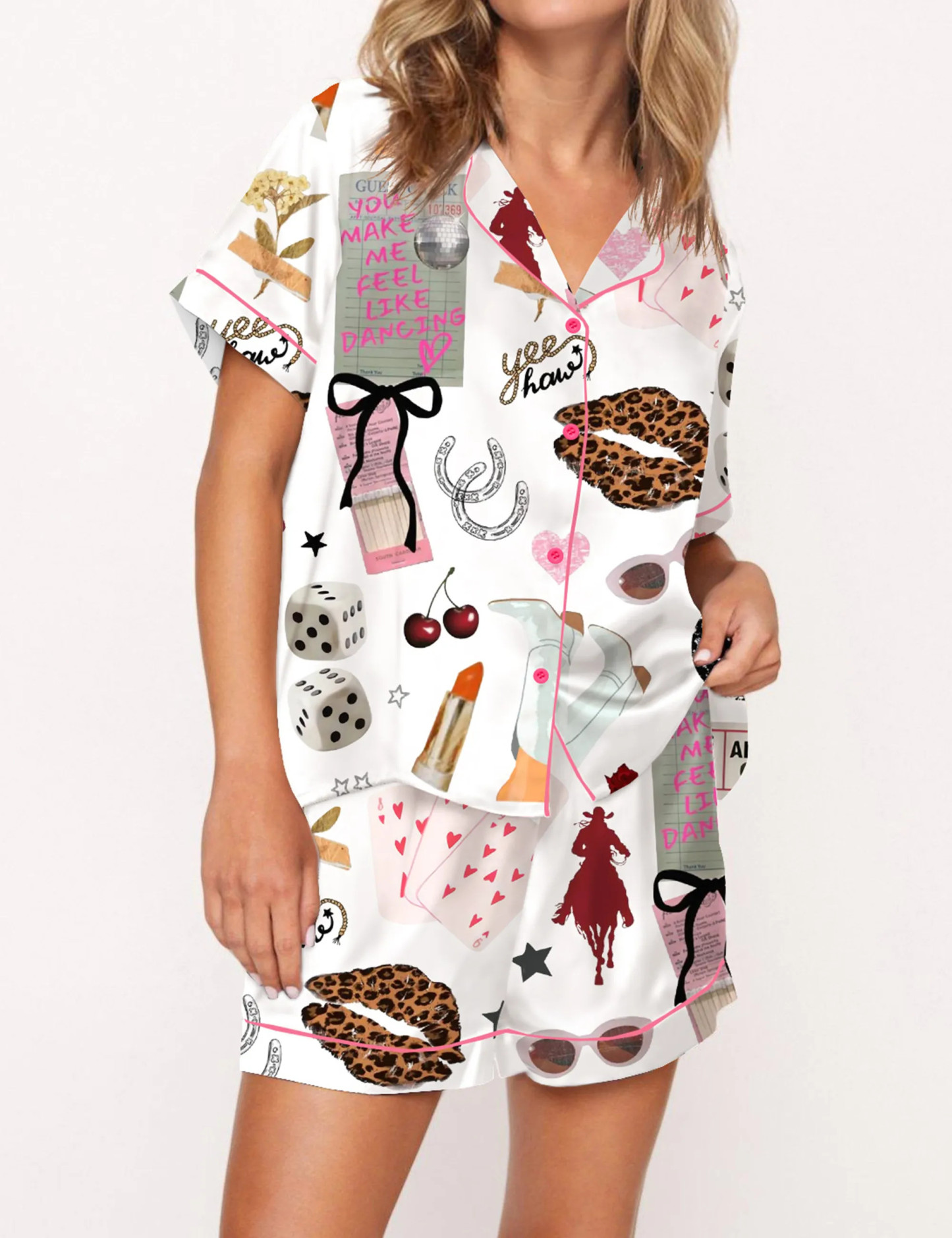 Western Cowgirl Glam Silky Satin Pajama Set For Women