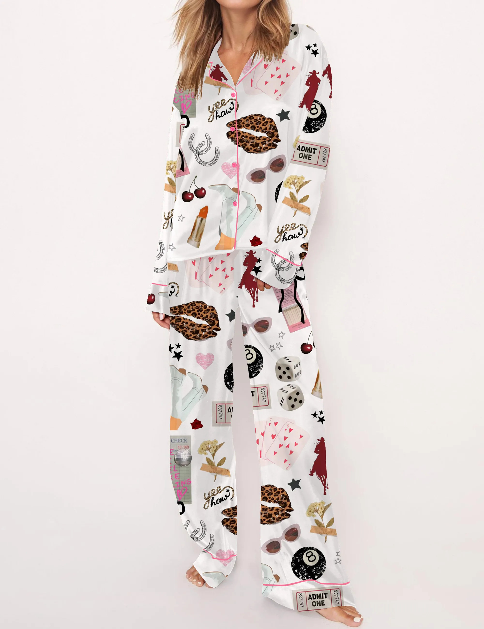 Western Cowgirl Glam Silky Satin Pajama Set For Women