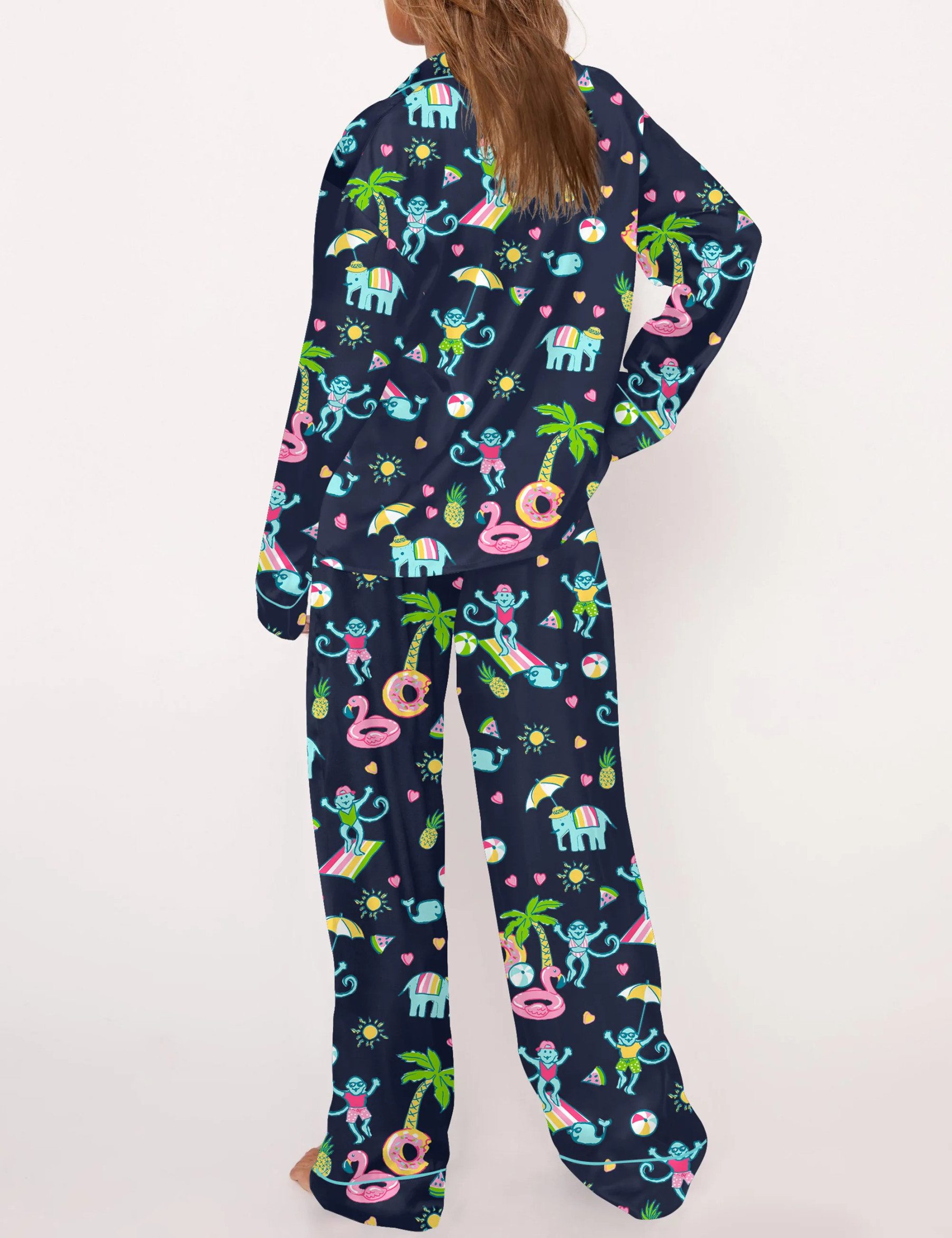 Pool Party Monkey Satin Pajama Set For Women