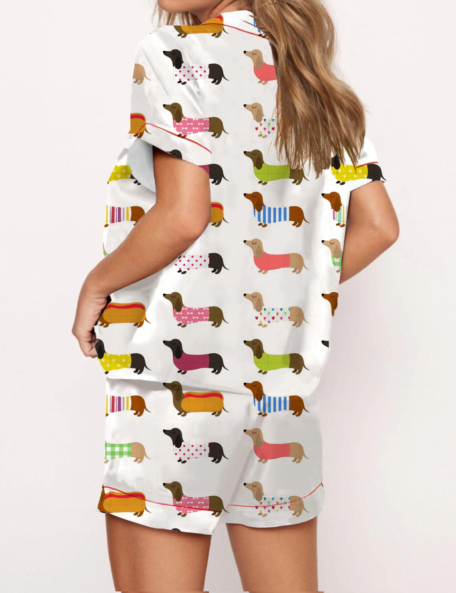 Playful Colorful Cartoon Dachshund Pattern Satin Pajama Short Set