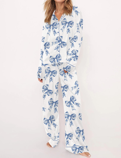 Chinoiserie Bow Silky Satin Pajama Set For Women