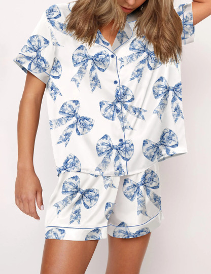 Chinoiserie Bow Silky Satin Pajama Set For Women