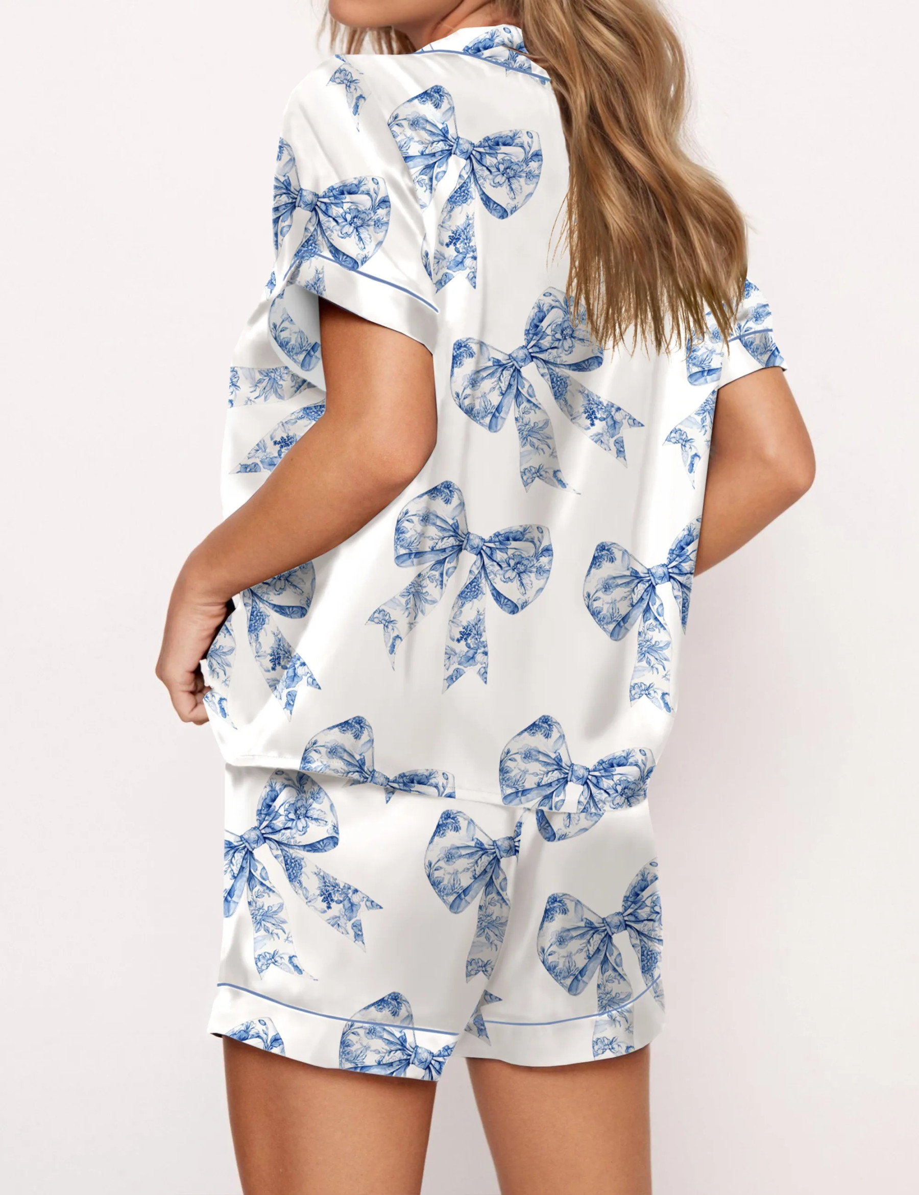 Chinoiserie Bow Silky Satin Pajama Set For Women