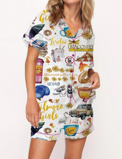  Summertime Pattern Satin Pajama Short Set