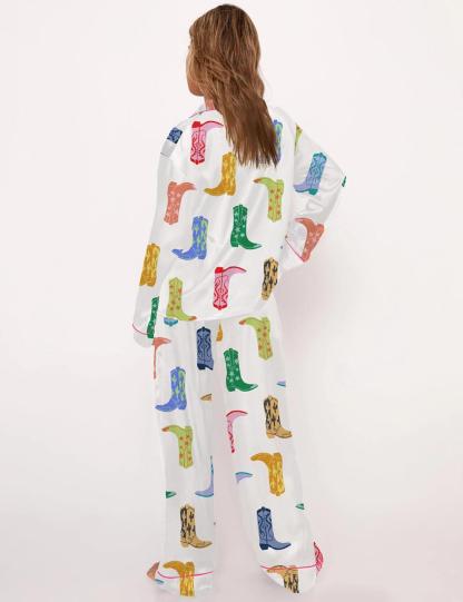 Colorful Cowboy Boot Silky Satin Pajama Set For Women