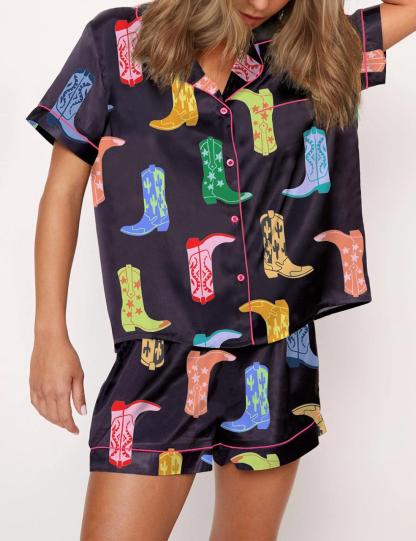 Colorful Cowboy Boot Silky Satin Pajama Set For Women