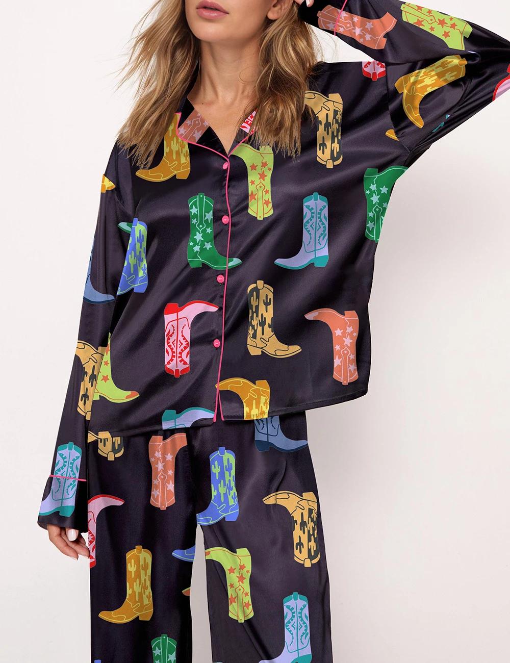 Colorful Cowboy Boot Silky Satin Pajama Set For Women