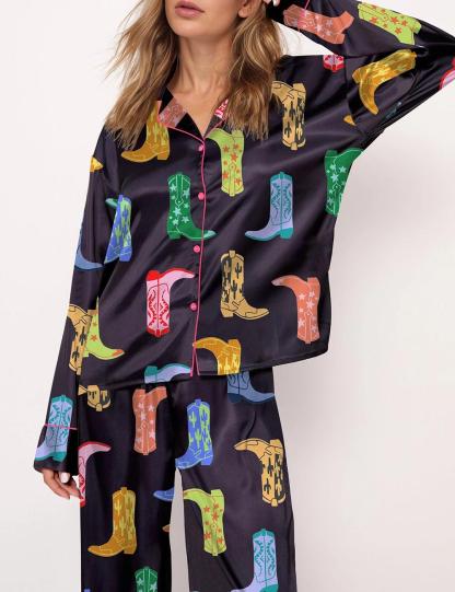 Colorful Cowboy Boot Silky Satin Pajama Set For Women