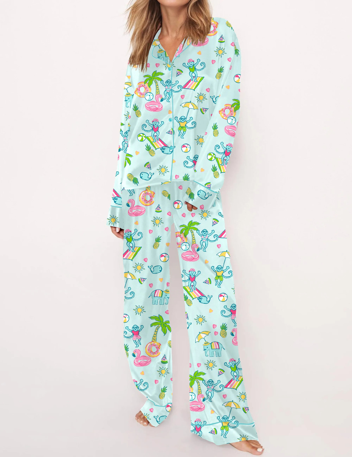 Pool Party Monkey Satin Pajama Set For Women