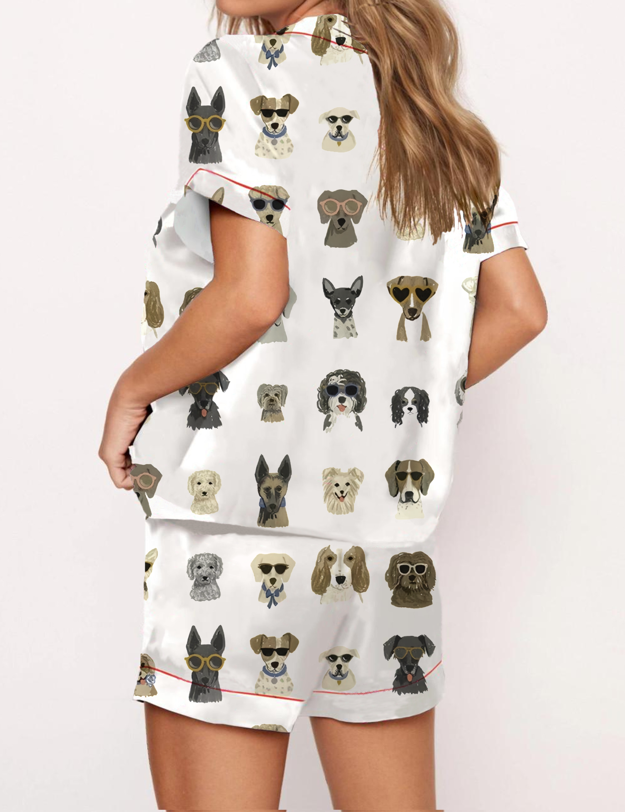 Adorable Dog Pattern Satin Pajama Short Set