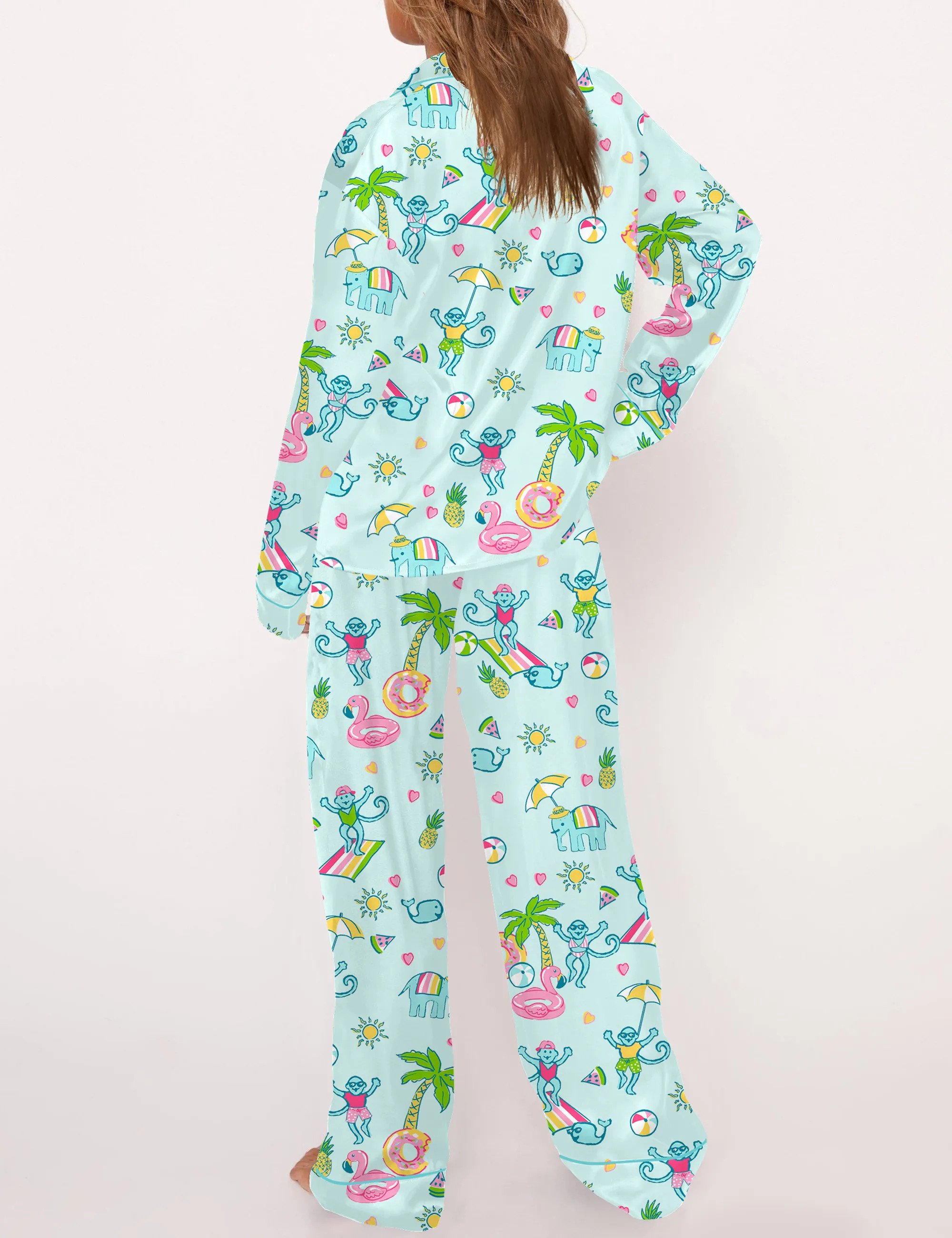 Pool Party Monkey Satin Pajama Set For Women