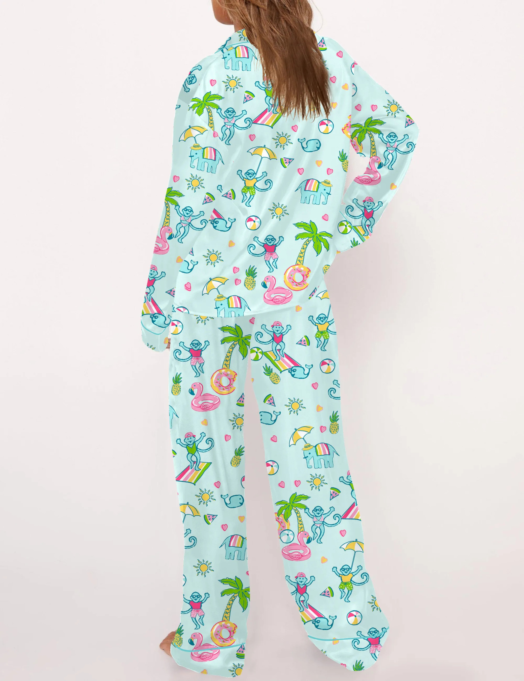 Pool Party Monkey Satin Pajama Set For Women