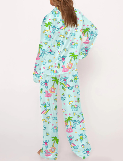 Pool Party Monkey Satin Pajama Set For Women