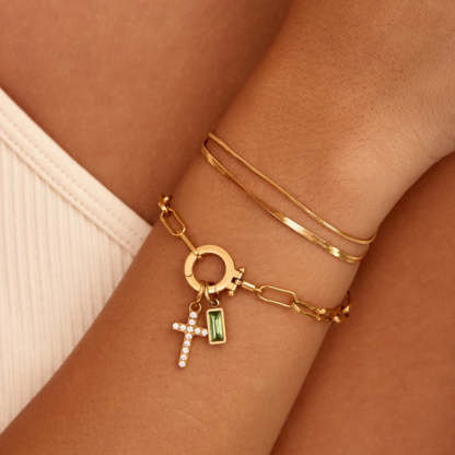 Paperclip Birthstone Cross Charm Bracelet