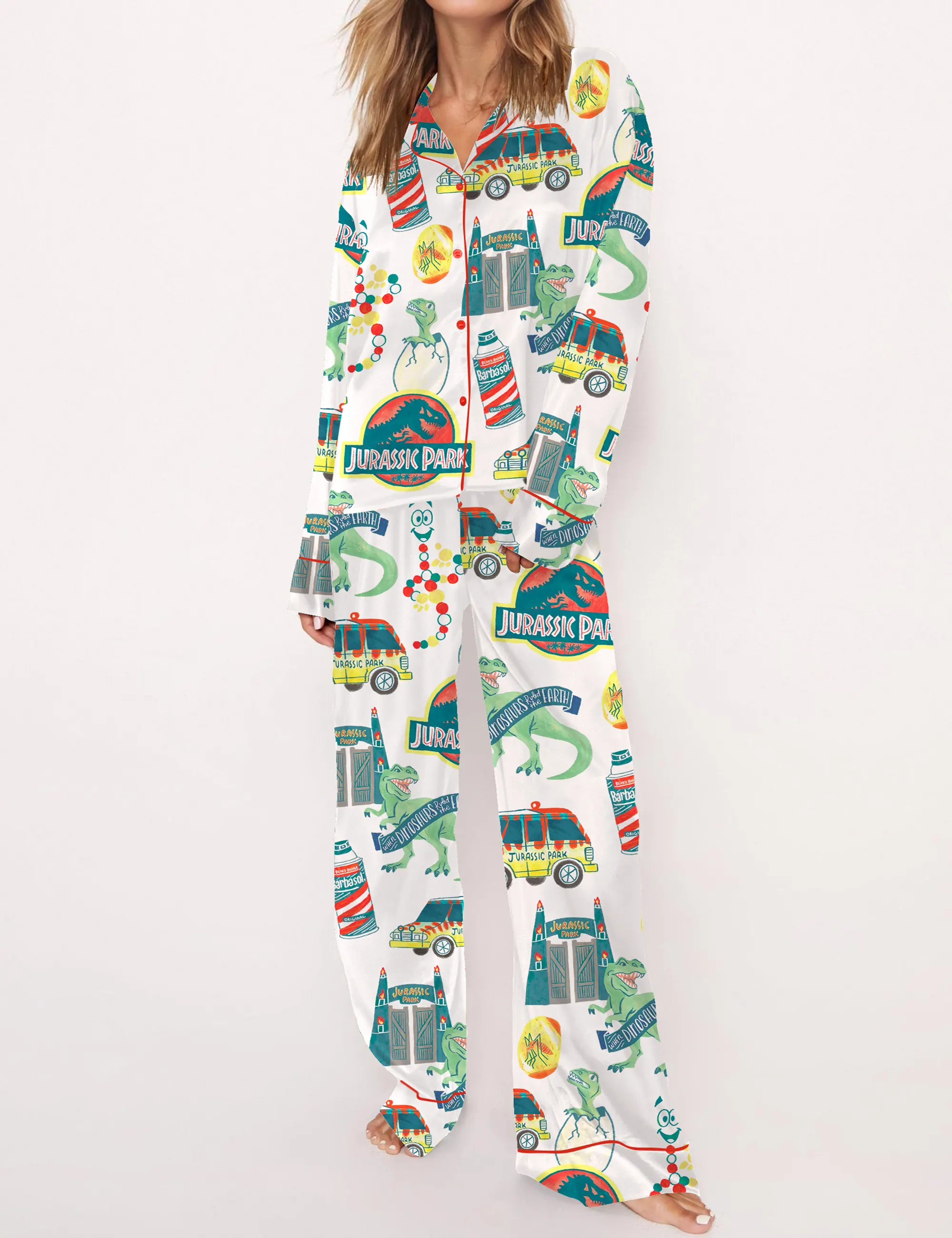 Jurassic Dinosaur Park Satin Pajama Set For Women