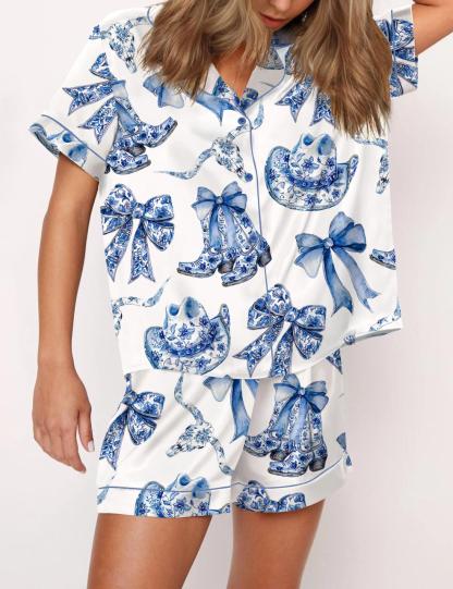 Trendy Western Coastal Cowgirl Satin Pajama Set For Women