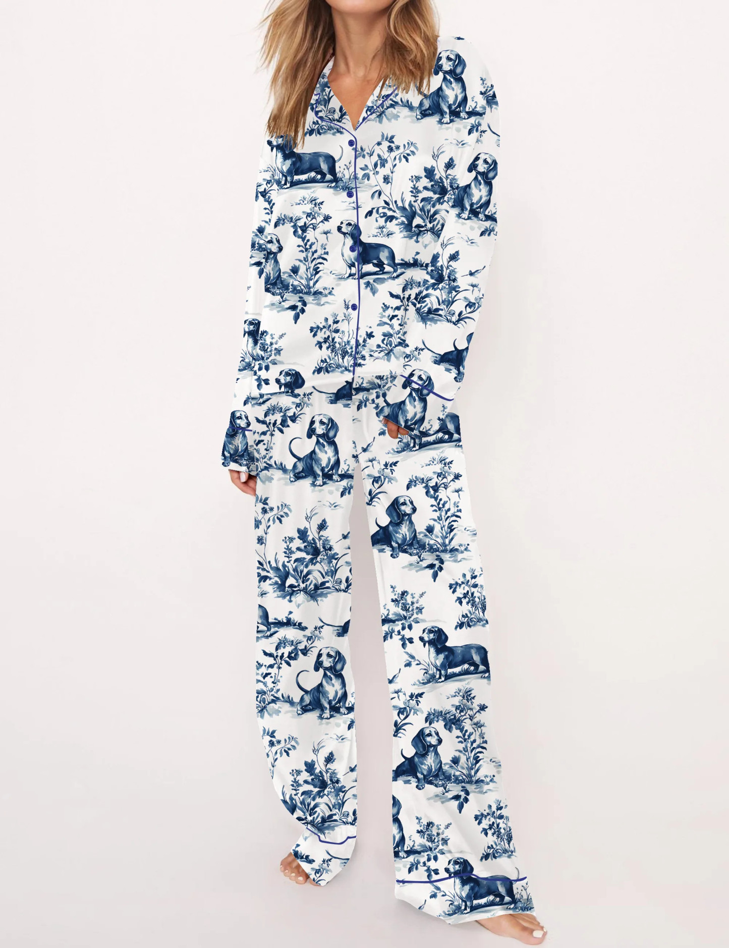 Chinoiserie Dachshund Silky Satin Pajama Set For Women