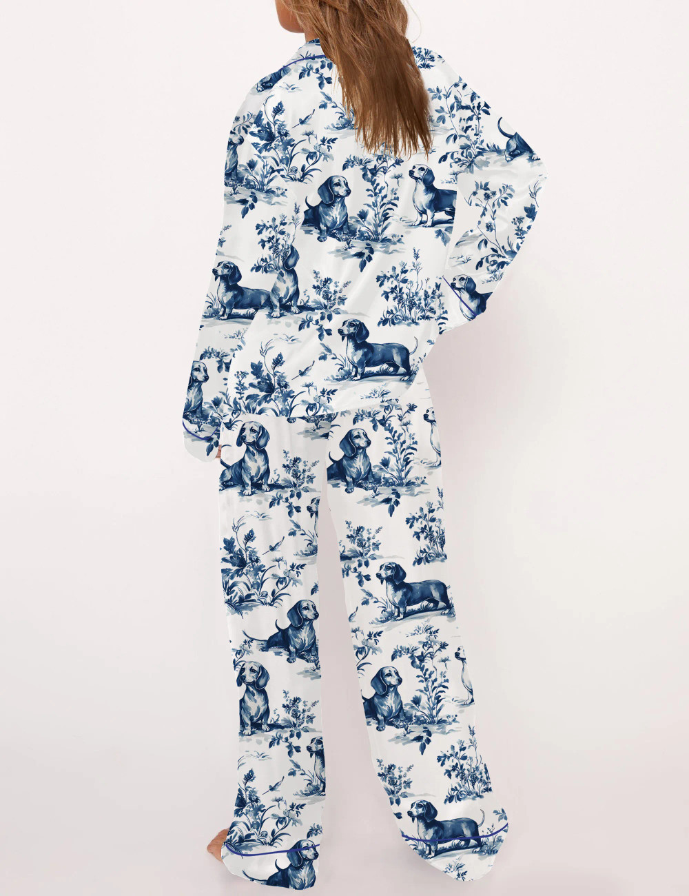 Chinoiserie Dachshund Silky Satin Pajama Set For Women