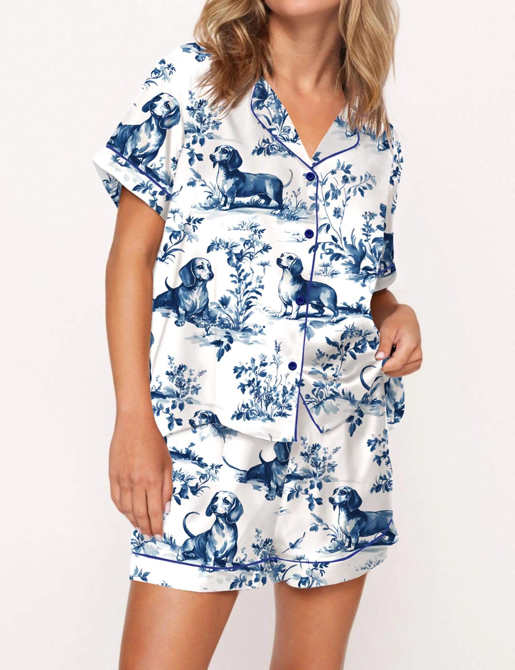 Chinoiserie Dachshund Silky Satin Pajama Set For Women