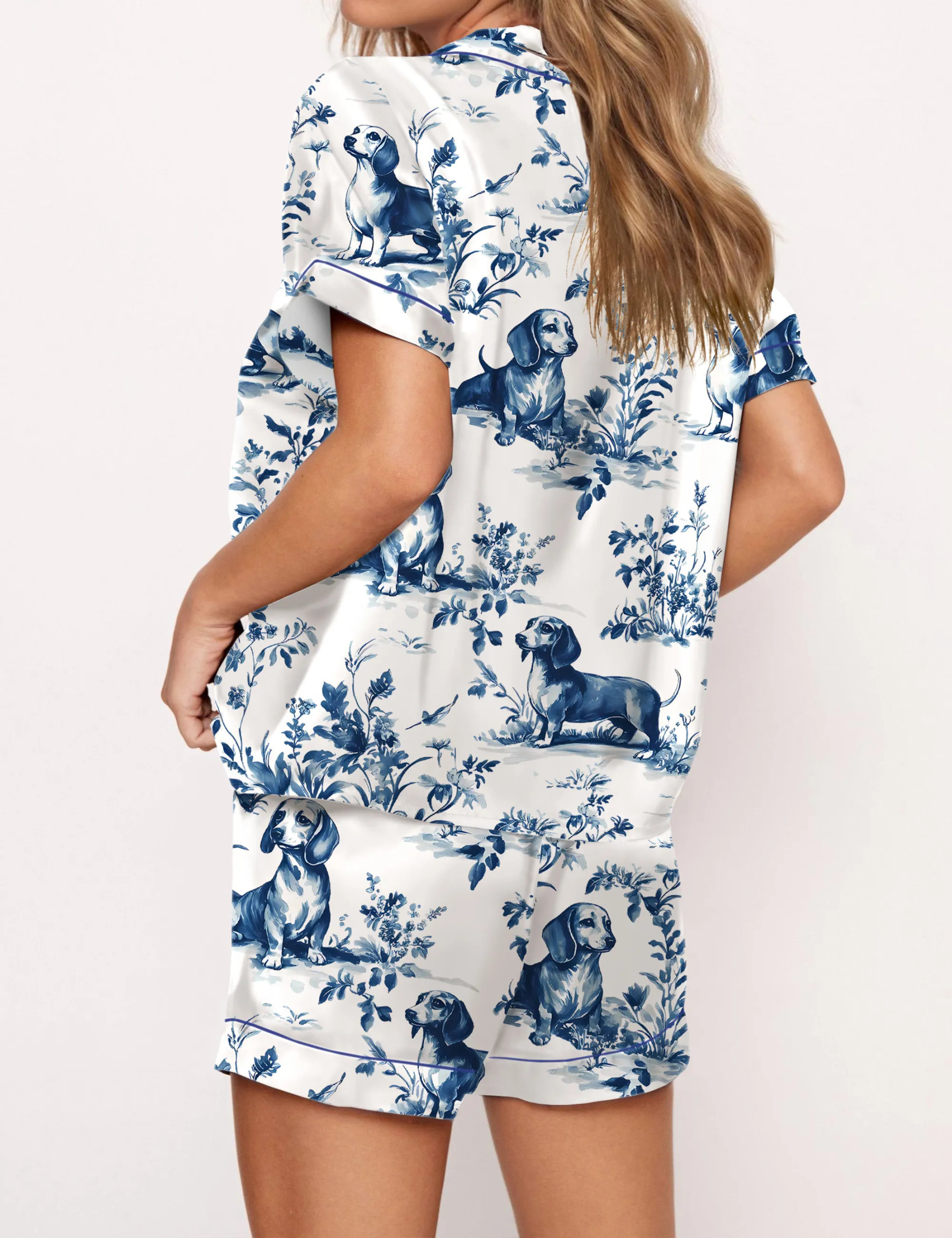 Chinoiserie Dachshund Silky Satin Pajama Set For Women