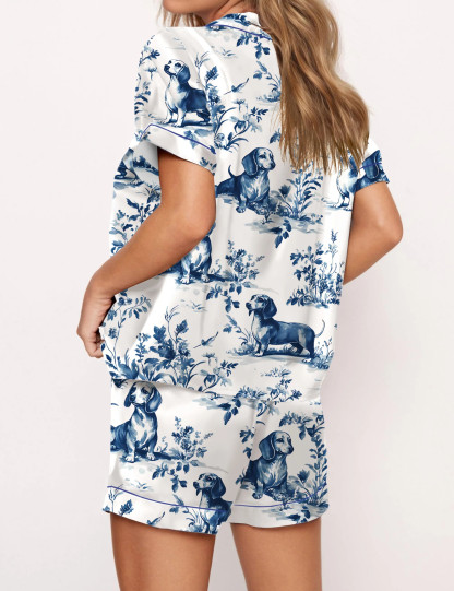 Chinoiserie Dachshund Silky Satin Pajama Set For Women