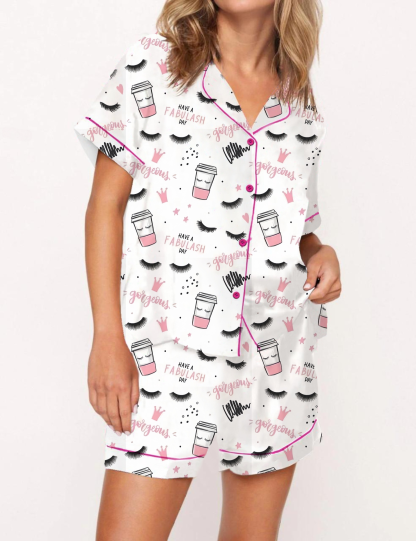 Coffee Cups Eyelashes Print Satin Pajama Short Set