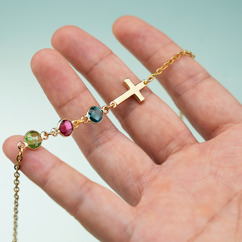 Personalized Multiple Birthstones Sideways Cross Necklace