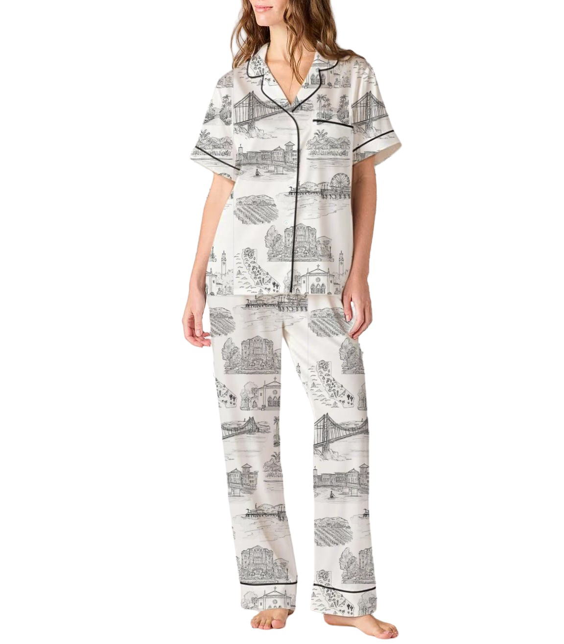 California Toile Silky Satin Pajama Pants Set For Women