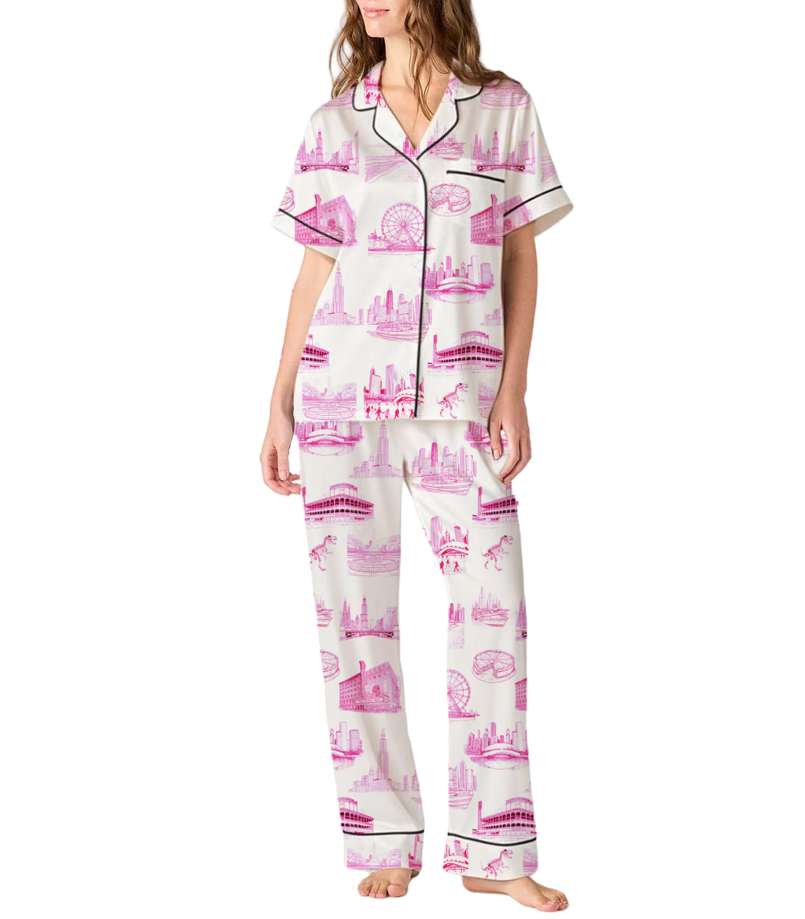 Chicago Toile Silky Satin Pajama Pants Set For Women