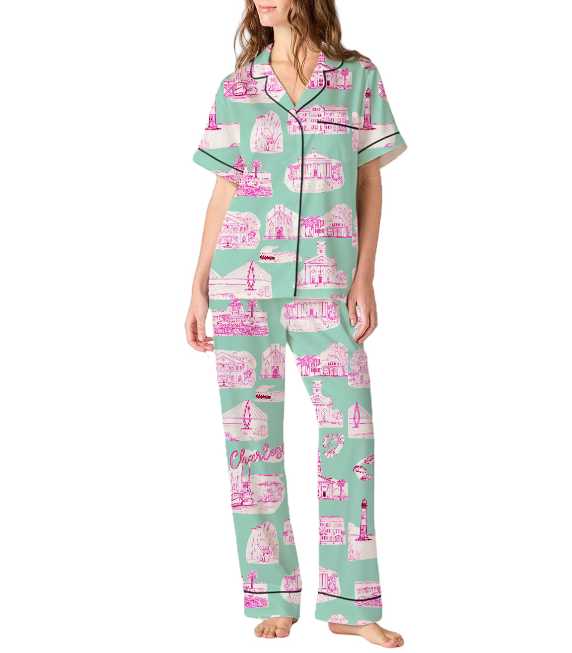 Charleston Toile Silky Satin Pajama Pants Set For Women