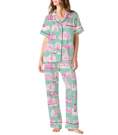 Charleston Toile Silky Satin Pajama Pants Set For Women
