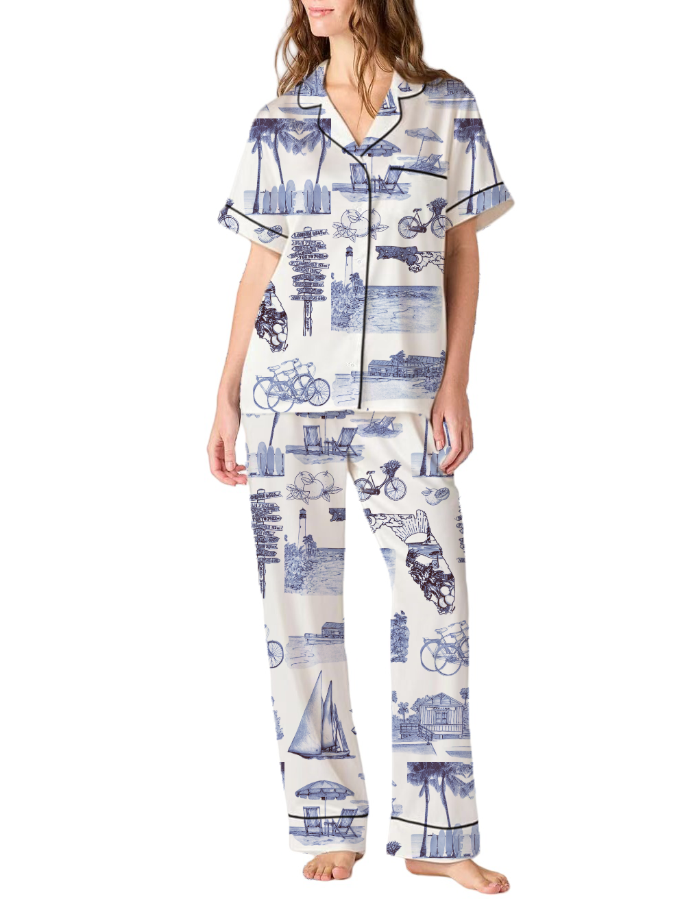 Florida Toile Silky Satin Pajama Pants Set For Women
