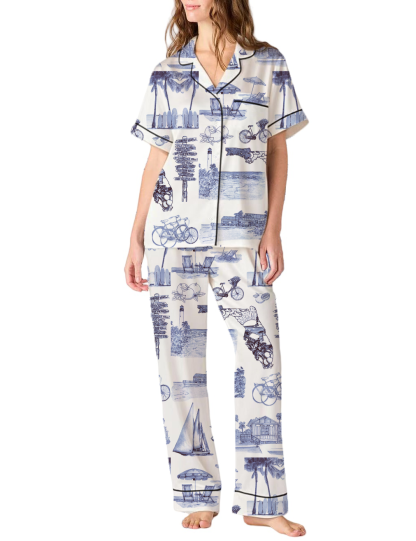 Florida Toile Silky Satin Pajama Pants Set For Women
