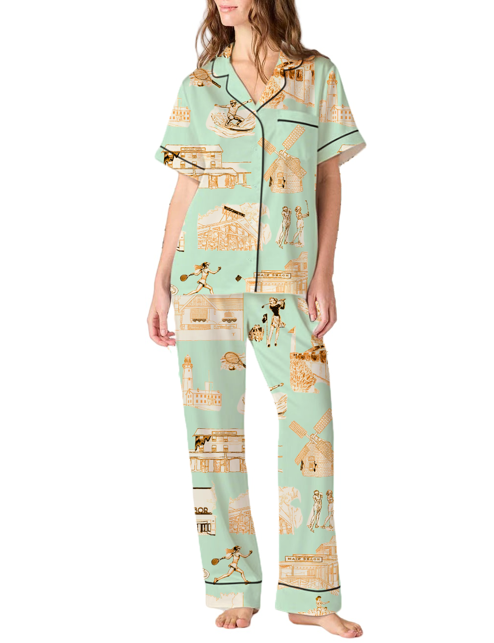 Hamptons Toile Silky Satin Pajama Pants Set For Women