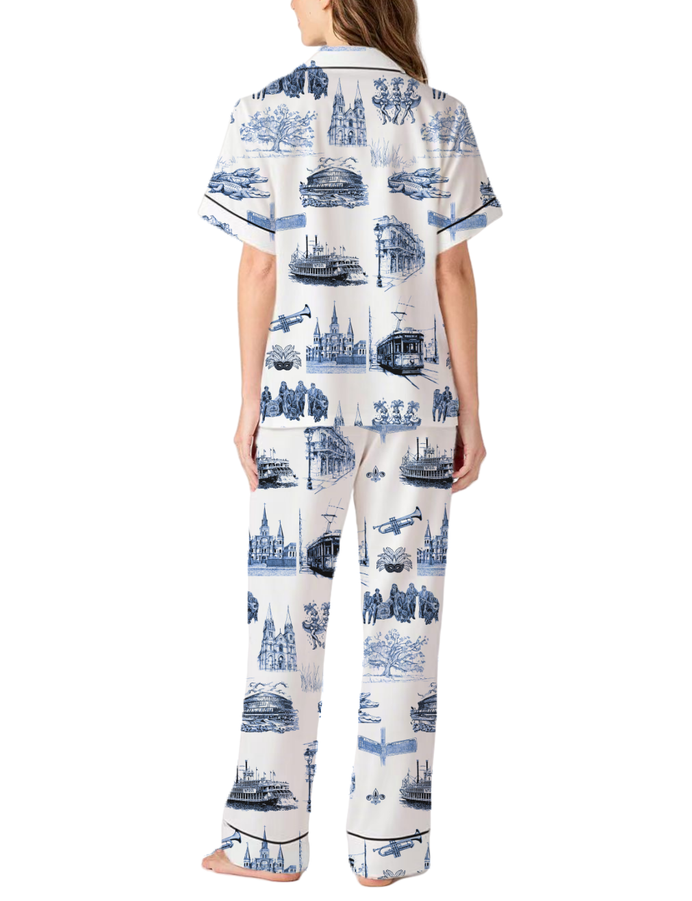 New Orleans Toile Silky Satin Pajama Pants Set For Women