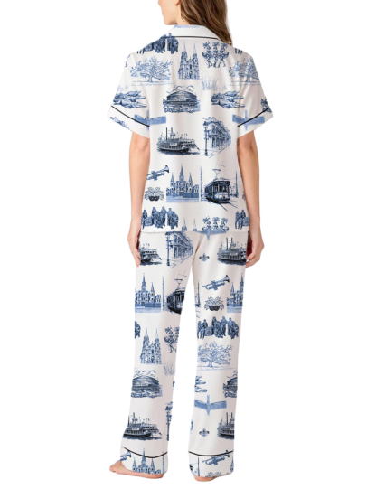New Orleans Toile Silky Satin Pajama Pants Set For Women