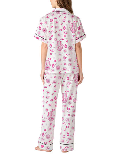 Pink Evil Eye Silky Satin Pajama Pants Set For Women