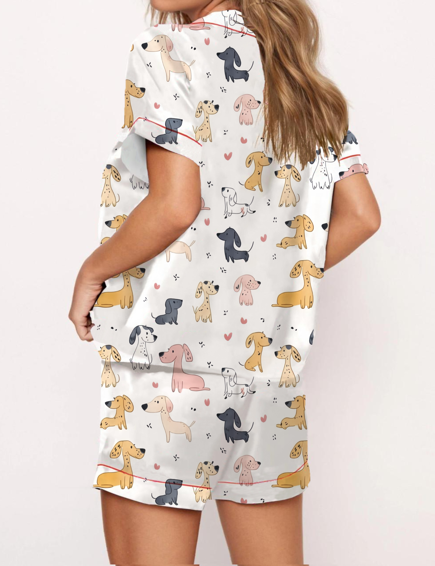 Cute Cartoon Dachshund Pattern Satin Pajama Short Set
