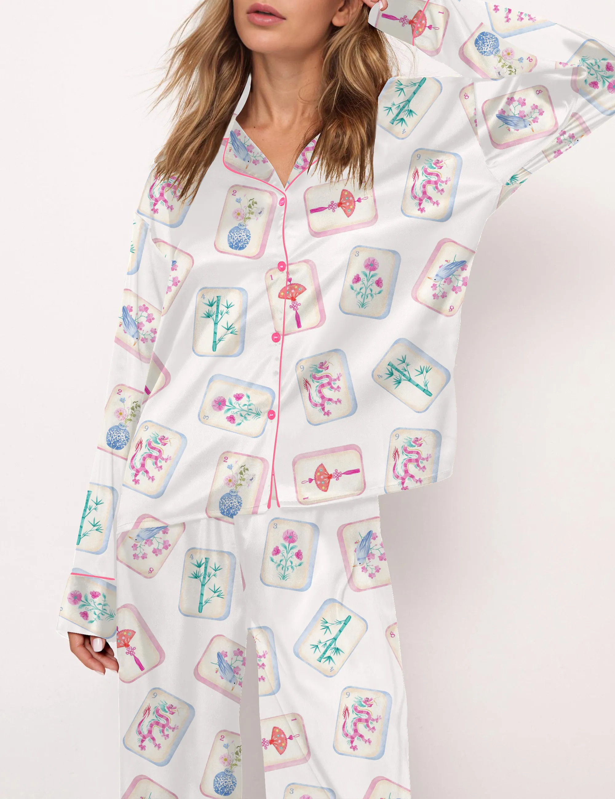 Watercolor Mahjong Satin Pajama Set For Women