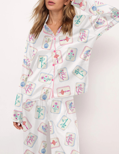 Watercolor Mahjong Satin Pajama Set For Women