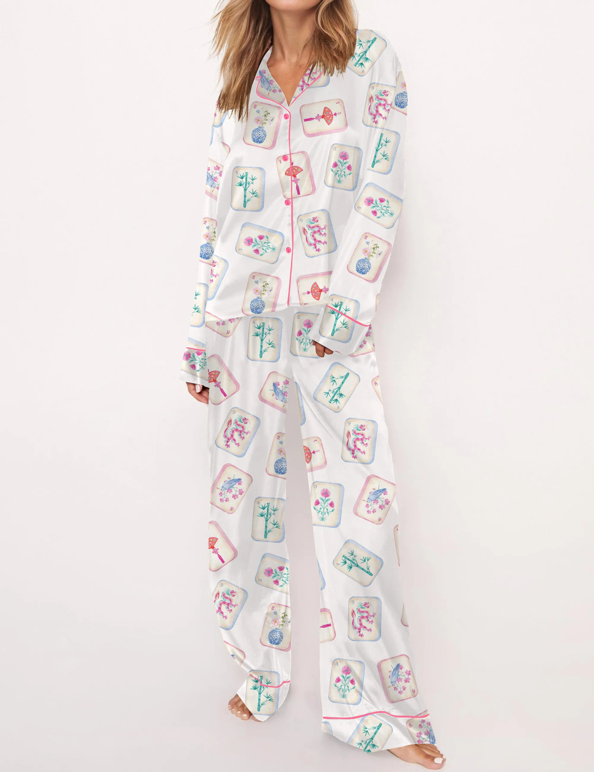 Watercolor Mahjong Satin Pajama Set For Women