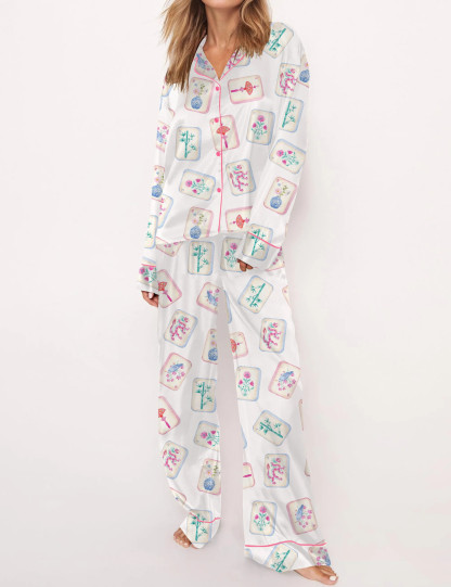 Watercolor Mahjong Satin Pajama Set For Women