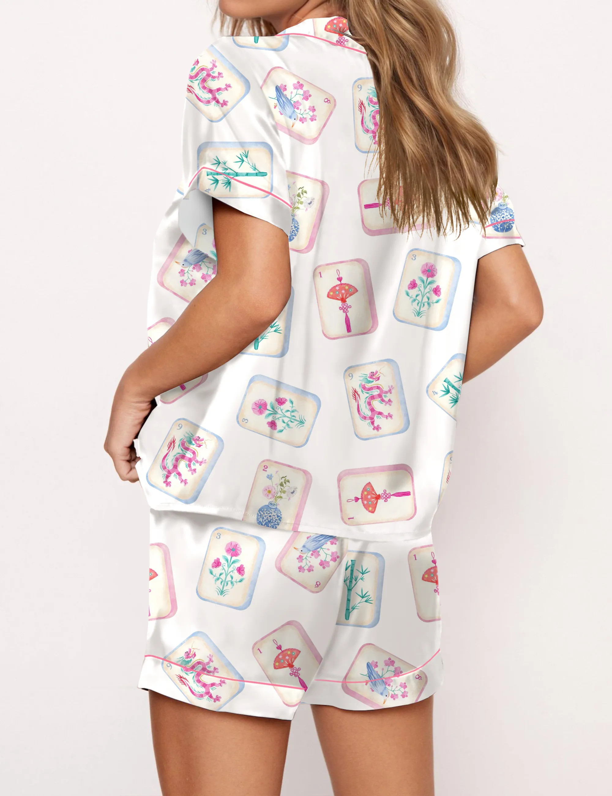 Watercolor Mahjong Satin Pajama Set For Women