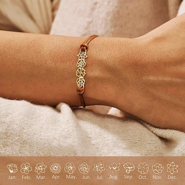 Personalized Minimalist Adjustable 1-8 Birth Flower Waxed Line Bracelet Charm Jewelry Birthday Christmas Gift for Women