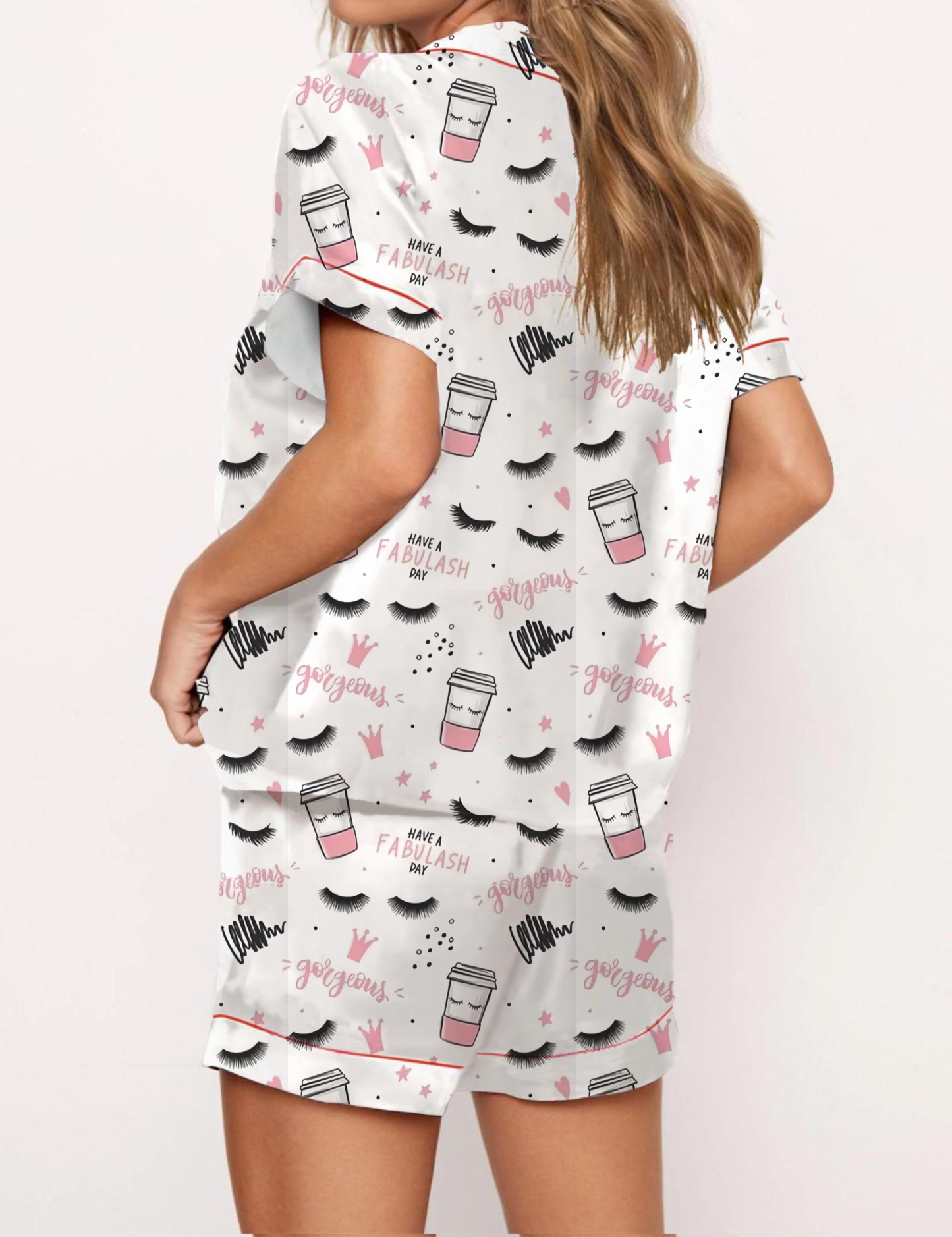 Coffee Cups Eyelashes Print Satin Pajama Short Set
