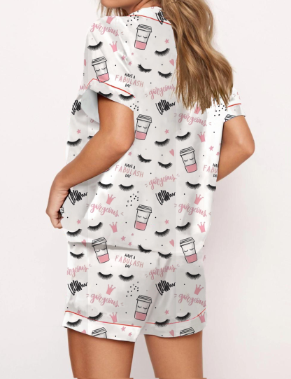 Coffee Cups Eyelashes Print Satin Pajama Short Set