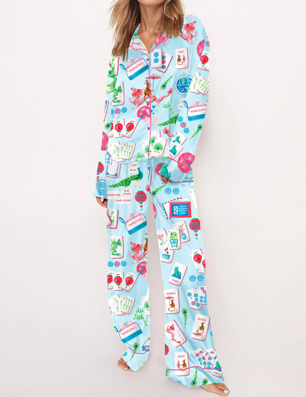 Chinoiserie Mahjong Silky Satin Pajama Set For Women